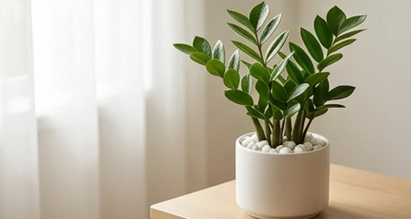 Chậu cây kim tiền xanh tốt với lớp sỏi trắng mỏng phủ trên mặt đất được đặt ở góc bàn làm việc