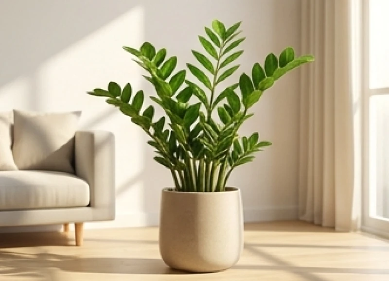 Chậu cây kim tiền xanh tốt được đặt ở góc Đông Nam của căn phòng khách tràn ngập ánh sáng