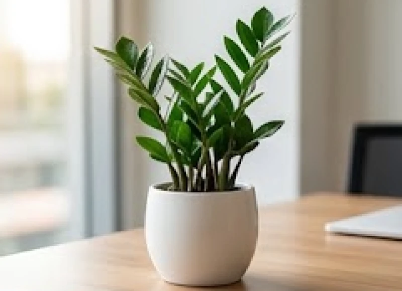 Chậu cây kim tiền mini với những chiếc lá dày xanh thẫm mọc vươn thẳng đứng, đại diện cho sự phát triển và tài lộc