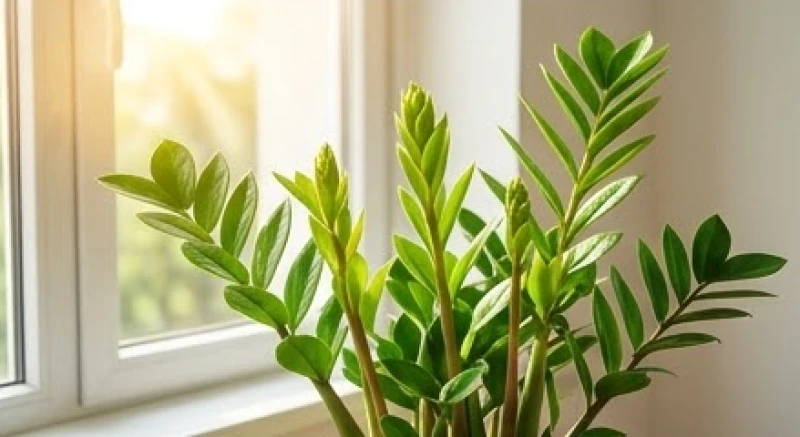 Chậu cây kim tiền xanh tốt đang vươn chồi non và đơm hoa dưới ánh nắng mai rực rỡ bên khung cửa sổ