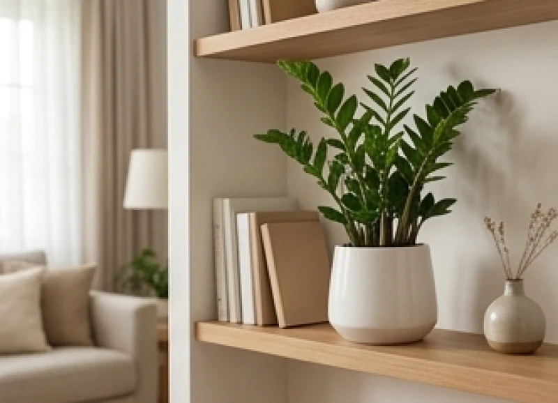 Cây trồng trong nhà hợp tuổi Tý: Vị trí Bát trạch & lịch tưới 1 Chậu cây kim tiền phát tài xanh mướt đặt trên kệ gỗ trong không gian phòng khách