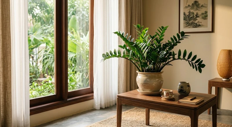 Chậu cây Kim Tiền xanh tốt với những chiếc lá bóng bẩy vươn cao trong phòng khách