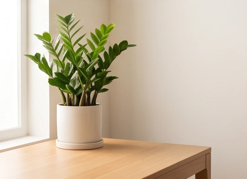 Chậu cây Kim Tiền mini có những phiến lá xanh mướt vươn thẳng trên góc trái bàn làm việc