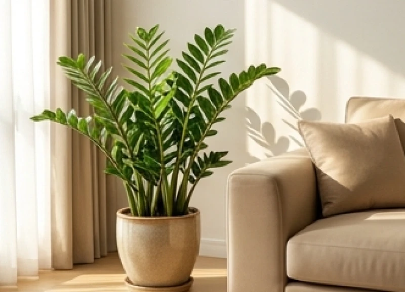Chậu cây kim tiền xanh tốt đặt ở góc phòng khách chan hòa ánh nắng chan hòa cạnh chiếc ghế sofa