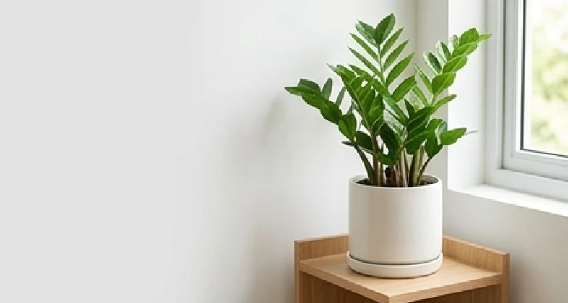 Chậu cây Kim Tiền xanh tốt được đặt gọn gàng trên kệ gỗ nhỏ trong không gian phòng khách