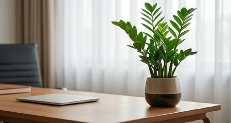 Chậu cây Kim tiền xanh mướt đặt trên bàn gỗ làm việc giúp hóa giải xung khắc phong thủy hiệu quả
