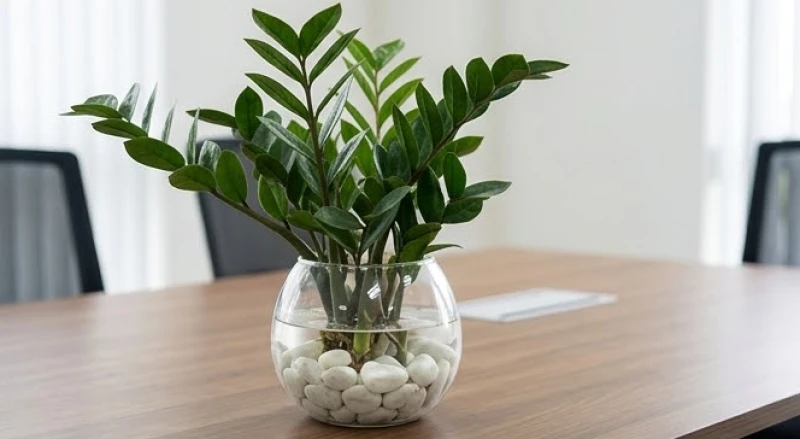 Chậu cây Kim Tiền nhỏ được trồng thủy sinh trong bình thủy tinh trong suốt đặt trên bàn làm việc