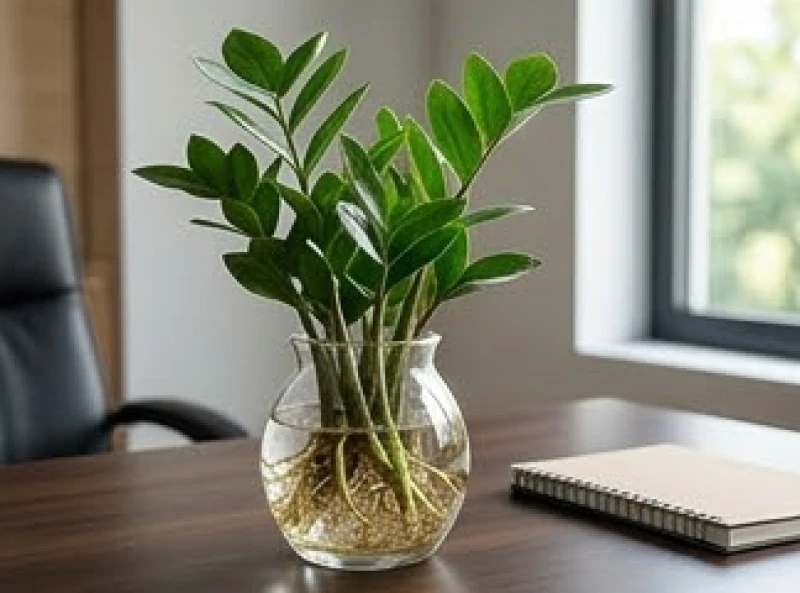 Chậu cây Kim Tiền trồng thủy sinh đặt trên bàn làm việc giúp tăng vượng khí