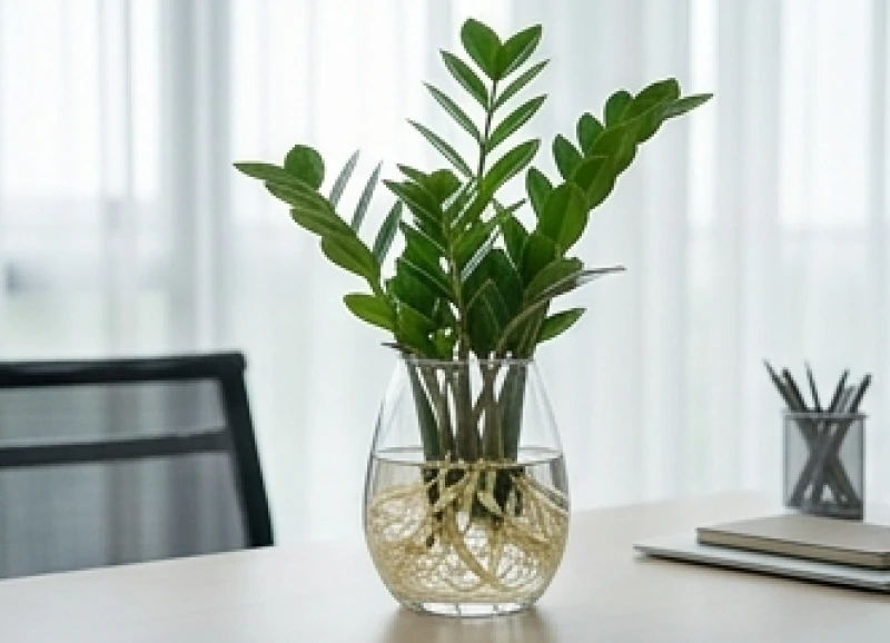 Cây trồng trong nhà hợp tuổi Sửu: Vị trí và định lượng nước 1 Chậu cây Kim Tiền thủy sinh rễ trắng muốt đặt trên bàn làm việc đại diện cho mệnh Thủy