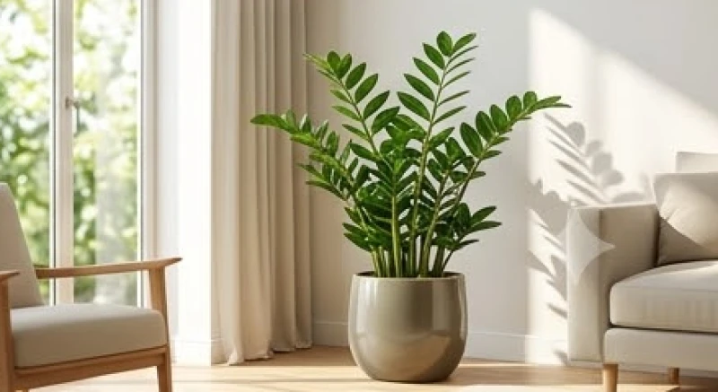 Chậu cây Kim Tiền lá xanh mướt đặt tại góc phòng khách ngập tràn ánh sáng tự nhiên
