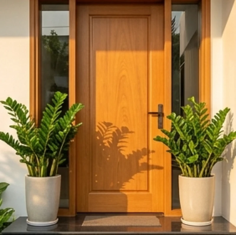 Hai chậu cây kim tiền lớn đặt đối xứng hai bên mép ngoài cửa chính để thu hút vượng khí