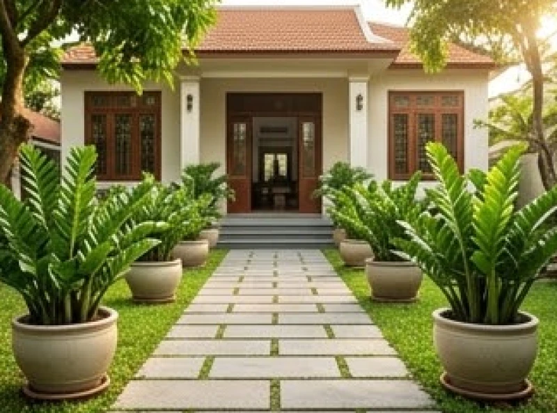 Lối đi chính vào cửa nhà được bài trí bằng hai chậu cây kim tiền lá tròn xanh mướt và nhẵn bóng