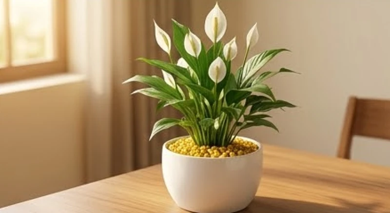 Chậu cây Lan Ý rải sỏi vàng trên bàn làm việc hỗ trợ năng lượng ngũ hành Thổ sinh Kim
