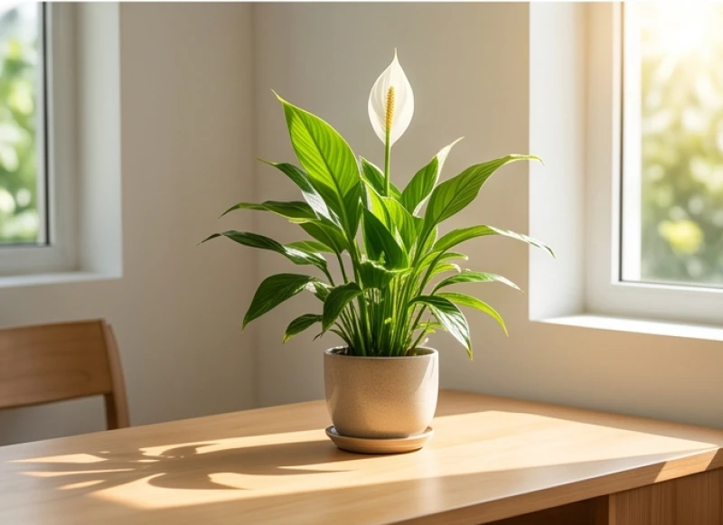 Chậu cây Lan Ý nhỏ gọn với tán lá xanh mướt được đặt ngăn nắp trên góc bàn làm việc ngập nắng