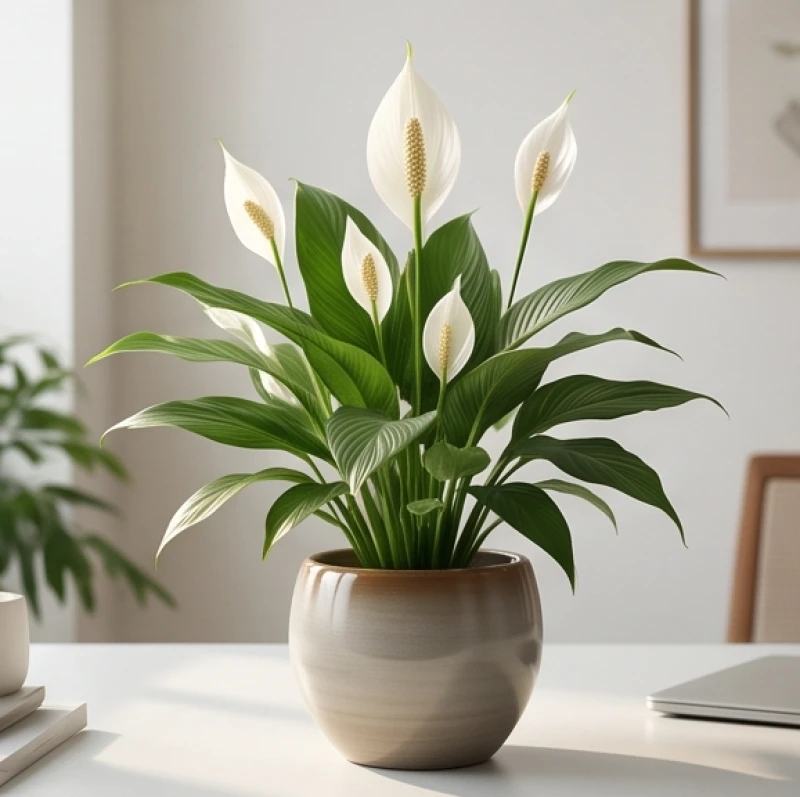 Chậu cây Lan Ý xanh tốt với những bông hoa trắng thanh tao trang trí góc làm việc