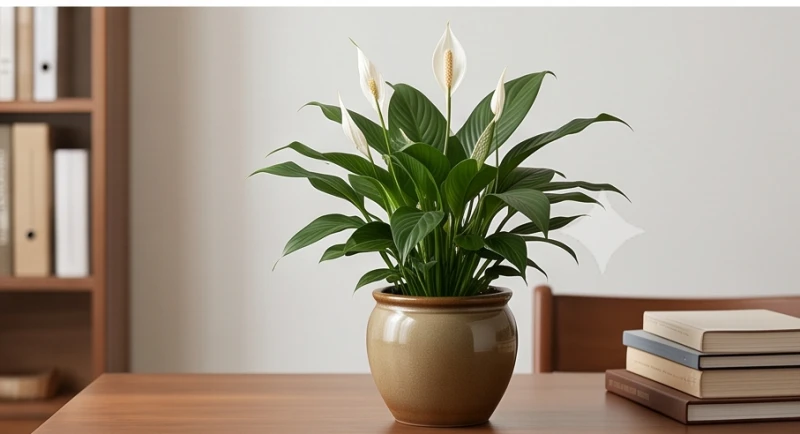 Chậu cây Lan Ý xanh tốt đặt trên bàn làm việc giúp thu hút vượng khí