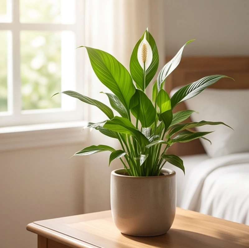 Chậu cây Lan Ý xanh tươi đặt cạnh cửa sổ phòng ngủ giúp thanh lọc không khí và xoa dịu tinh thần