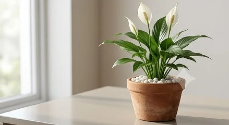 Chậu cây Lan Ý phủ sỏi trắng được trồng trong chậu gốm sứ mộc mạc đặt trên bàn làm việc