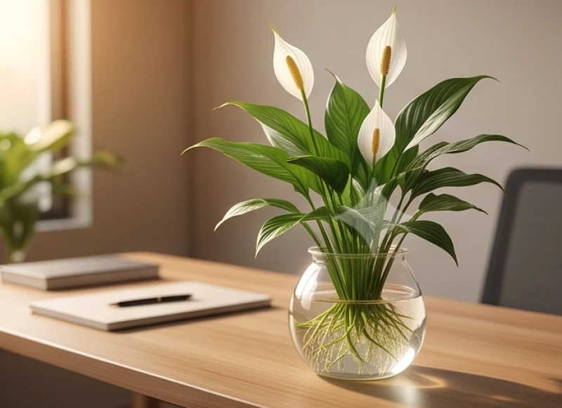 Chậu cây Lan Ý thủy sinh xanh mướt với bộ rễ trắng phát triển khỏe mạnh trong nước