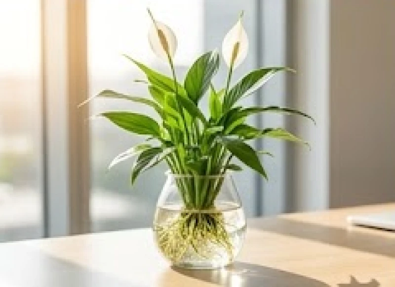 Cây lan ý mini được trồng trong bình thủy tinh trong suốt để lộ bộ rễ trắng muốt bơi trong làn nước sạch