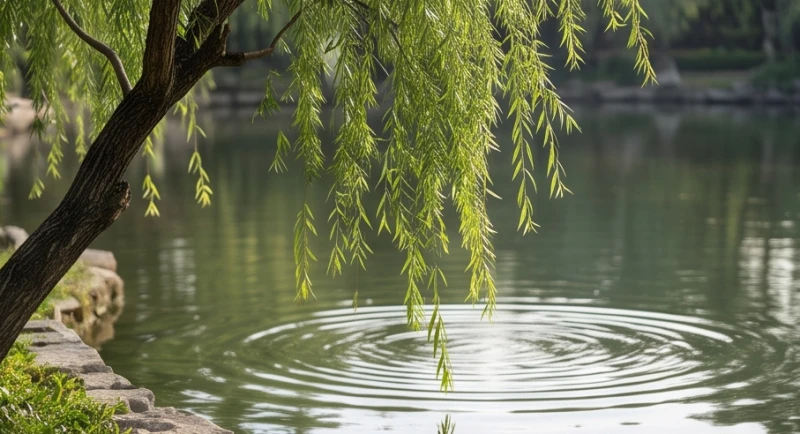 Cành lá liễu rủ mềm mại vươn mình tươi tốt nhờ được nguồn nước dồi dào nuôi dưỡng mỗi ngày