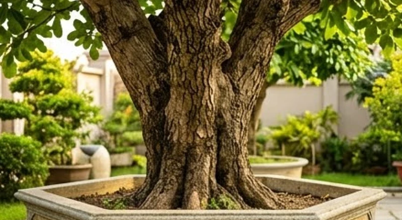 Gốc lộc vừng to sần sùi bám sâu trong bồn đất lớn trước hiên nhà giúp che chắn bức xạ nhiệt tỏa vào