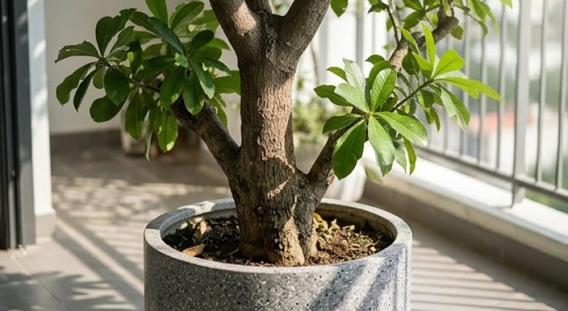 Gốc cây Lộc Vừng khỏe khoắn trồng trong chậu đá mài lớn đặt trước hiên nhà ngập nắng