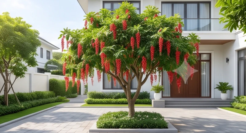 Cây lộc vừng tỏa bóng mát và trổ hoa rực rỡ trước sân nhà, mang lại sinh khí dồi dào cho mặt tiền không gian sống