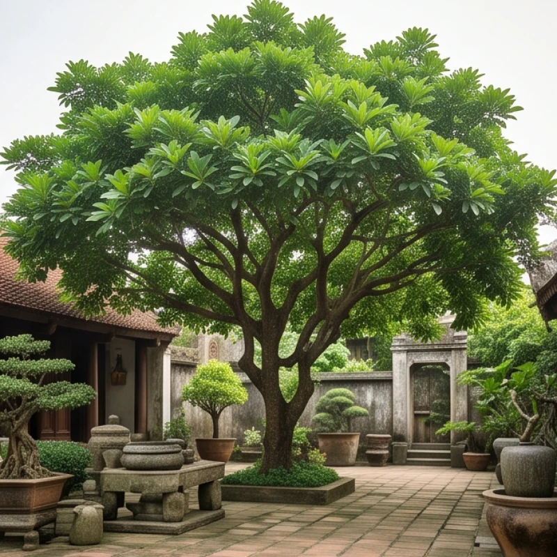Tán lá rợp bóng mát của cây lộc vừng vươn rộng che chắn trước khu vực sân nhà