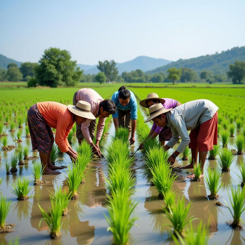 Cấy lúa cùng nhiều người