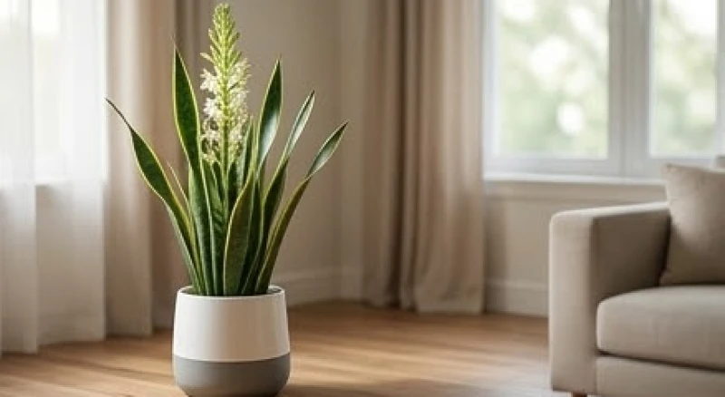 Cây lưỡi hổ ra hoa là điềm gì? Ý nghĩa & hướng đặt kích tài lộc 3 Chậu cây lưỡi hổ đang vươn cuống hoa được trồng trong chậu sứ trắng xám trang nhã