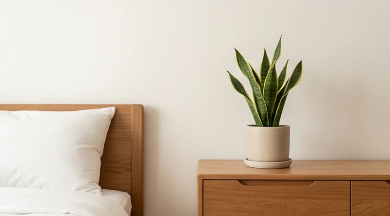Một chậu cây Lưỡi Hổ nhỏ nhắn được đặt gọn gàng trên chiếc kệ gỗ cách xa mép giường ngủ hơn một mét