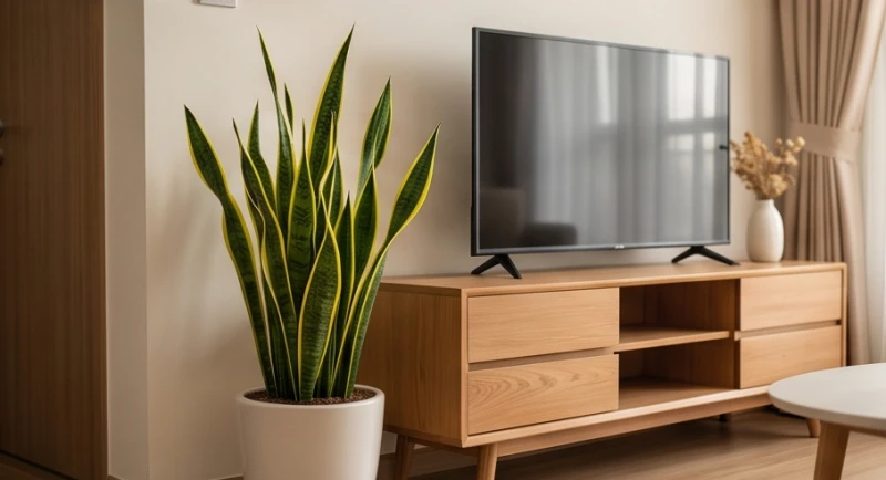 Cây trồng trong nhà hợp tuổi Thân: Vị trí đặt và đại kỵ phong thủy 4 Chậu cây lưỡi hổ vằn vàng mọc thẳng đứng được an vị gọn gàng cạnh kệ tivi trong phòng khách rộng rãi