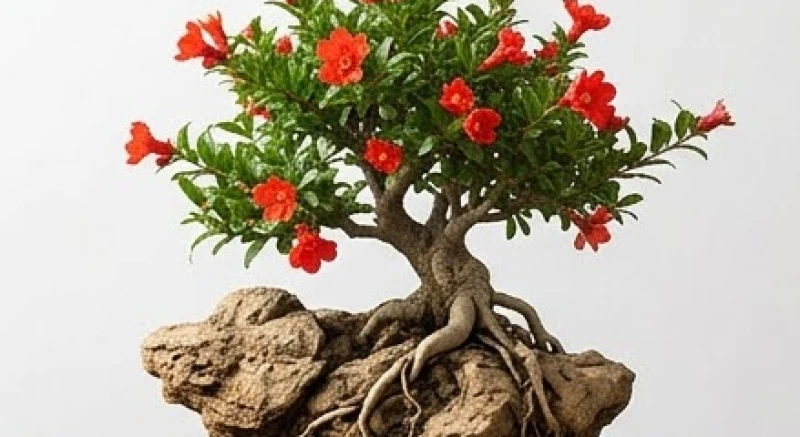 Cây lựu bonsai đại diện cho Thạch Lựu Mộc bám rễ vươn lên mạnh mẽ trên vách đá khô cằn