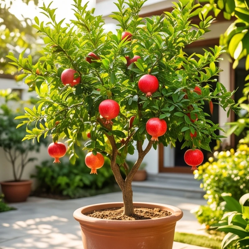Cây trồng ngoài sân hợp tuổi Thân: Độ chịu nắng và vị trí 6 Cây lựu đỏ sai trĩu quả trồng chậu đất nung đặt giữa không gian sân vườn ngập nắng