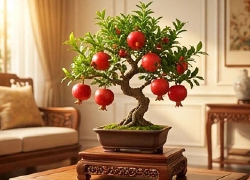Tuổi Thân hợp kết hôn với tuổi nào: Bảng tra chi tiết & năm cưới 6 Chậu cây bonsai thạch lựu mộc trĩu quả đỏ rực rỡ được đặt trang trọng trên đôn gỗ phòng khách mang lại vượng khí