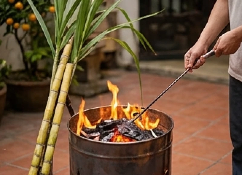 Hai cây mía dài nguyên tán lá được đặt cạnh chậu hóa vàng đang cháy tượng trưng cho chiếc đòn gánh của gia tiên