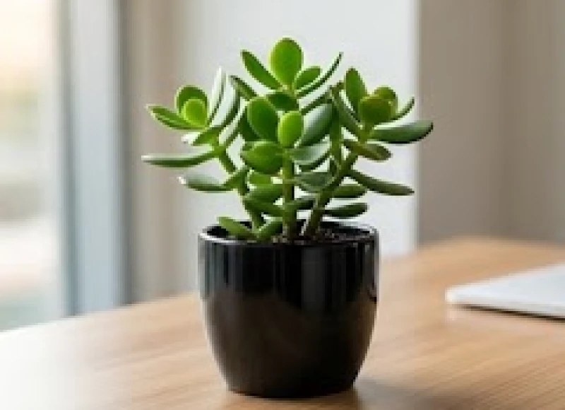Cây ngọc bích tươi tốt được trồng gọn gàng trong một chiếc chậu gốm màu đen tuyền phù hợp với người mệnh Mộc