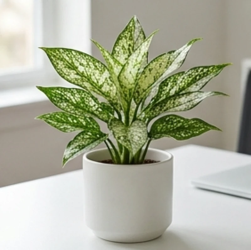 Cây để bàn hợp tuổi Mão: Chọn cây mini chuẩn mệnh và góc đặt 6 Cây ngọc ngân với phiến lá lốm đốm trắng bạc nổi bật, trồng trong chậu sứ trắng sang trọng trên bàn.