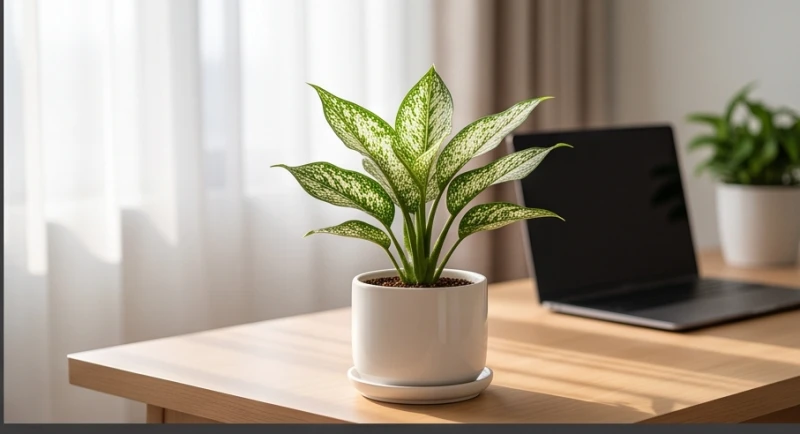 Cây trồng trong nhà hợp tuổi Thân: Vị trí đặt và đại kỵ phong thủy 2 Một chậu cây ngọc ngân nhỏ được đặt trang trọng góc bàn làm việc hướng Tây Nam giúp tăng cường sự nhạy bén