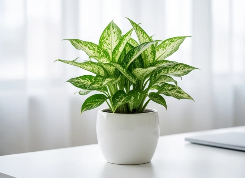 Chậu cây Ngọc Ngân với những phiến lá đan xen sắc trắng thanh lịch trồng trong chậu sứ trắng