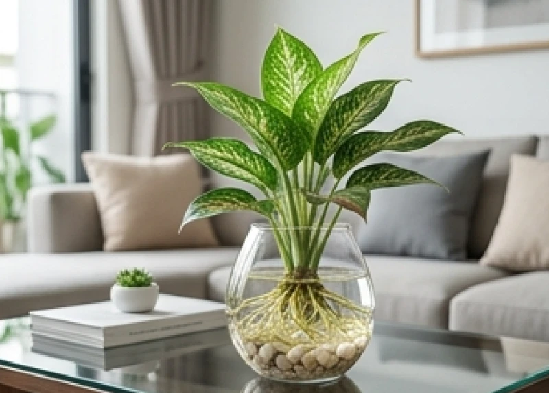 Cây ngọc ngân trồng thủy sinh trong bình thủy tinh lộ rõ bộ rễ khỏe mạnh trắng muốt