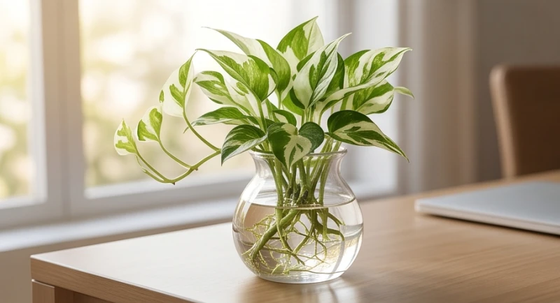 Một chậu cây Ngọc Ngân khỏe mạnh được trồng theo phương pháp thủy sinh bên trong chiếc bình thủy tinh trong suốt
