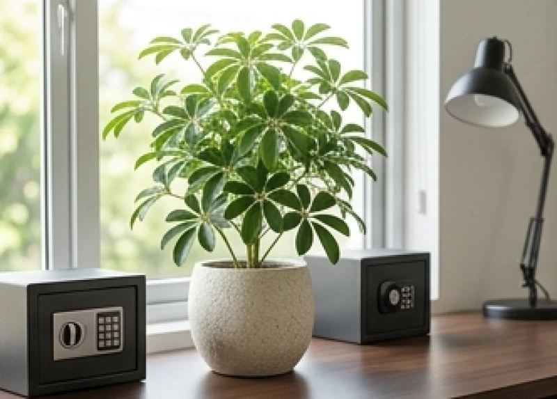 Chậu cây ngũ gia bì xanh tốt với những cụm lá năm thùy vươn cao đặt cạnh két sắt mini