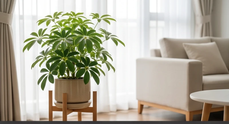 Cây trồng trong nhà hợp tuổi Thân: Vị trí đặt và đại kỵ phong thủy 1 Chậu cây ngũ gia bì xanh lục đậm đặt trong không gian nội thất, giúp tăng vượng khí cho tuổi Thân