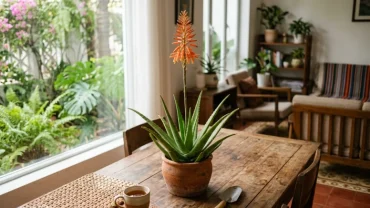 Hình ảnh nụ hoa màu cam rực rỡ giải đáp cho thắc mắc cây nha đam ra hoa là điềm gì trong phong thủy