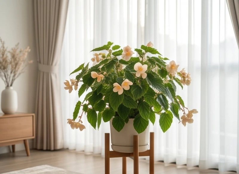 Chậu cây cảnh đơm hoa rực rỡ được đặt trang trọng trong không gian phòng khách hiện đại