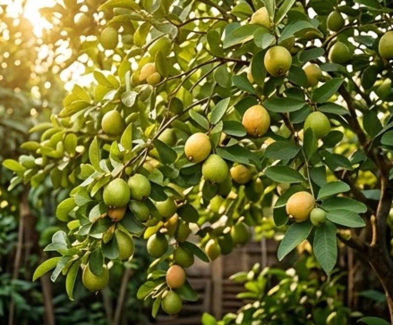 Cây ổi trĩu quả vươn cao nơi góc sân vườn quen thuộc ngập nắng, mang lại cảm giác an tâm khi mơ thấy hái ổi