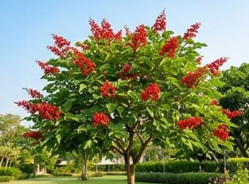 Cành hoa osaka đỏ rực rỡ nở rộ trên nền lá xanh mướt giữa không gian sân vườn rộng rãi