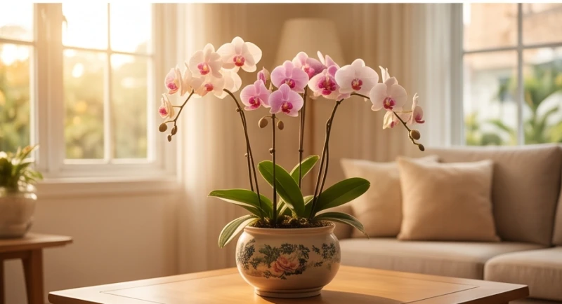 Chậu lan hồ điệp tươi tắn được đặt gọn gàng cạnh cửa sổ phòng khách ngập tràn ánh sáng tự nhiên